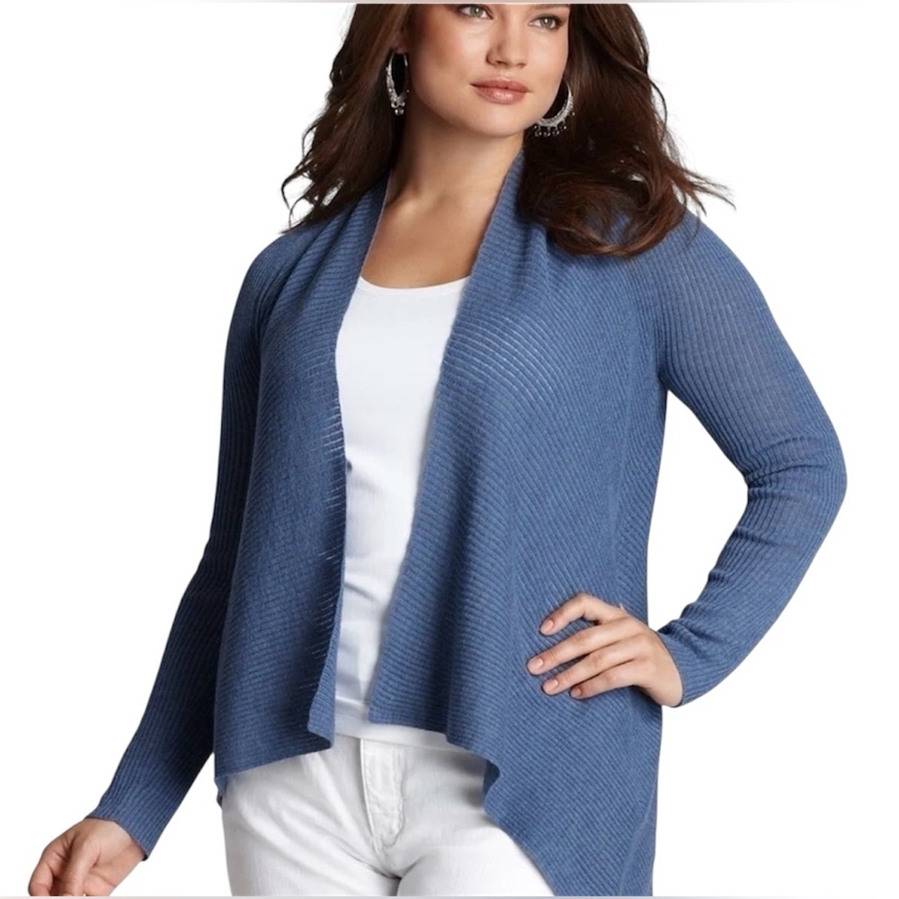 Eileen Fisher Blue Wool Open Front Cardigan Lightweight Rib Knit Minimalist XS